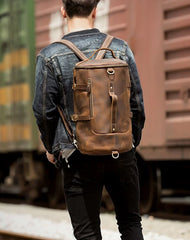 Cool Brown Mens Leather 14 inches Barrel Weekender Bag Bucket Travel Backpack for Men