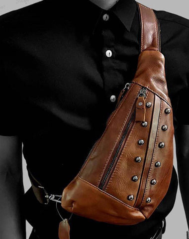 Badass Brown Leather Men's Sling Bags Chest Bag Brown One shoulder Backpack Sling Bag For Men