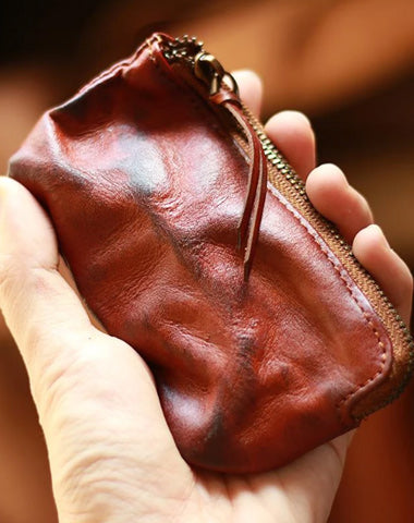 Vintage Slim Brown Leather Mens Coin Wallet Zipper Coin Holder