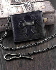 Badass Black Leather Men's Trifold Cross Small Biker Wallet Chain Wallet with chain For Men