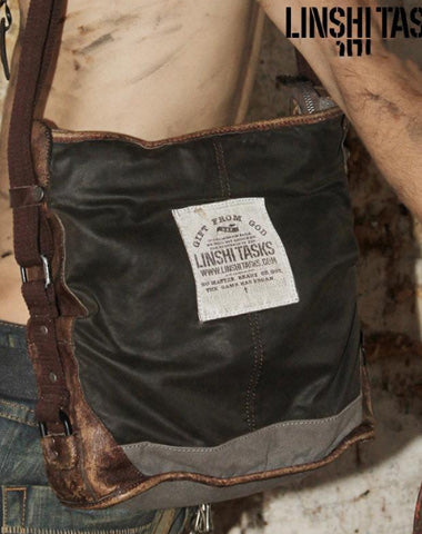 Canvas Leather Mens Gray Black Side Bag Messenger Bags Canvas Courier Bag for Men