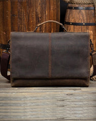Vintage Dark Brown Leather Mens 15 inches Briefcase Laptop Bag Business Side Bags Work Bag for Men