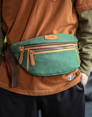 Green Canvas Leather Mens Chest Bag Waist Bag Fanny Pack Bum Pack For Men
