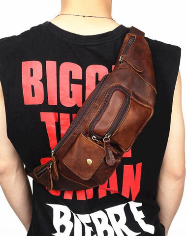 Vintage Brown Leather Men's Waist Bag Fanny Pack Hip Pack For Men