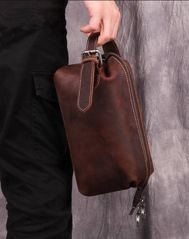 Cool Brown Leather Men's Red Brown Storage Bag Clutch Bag Portable Bag Mini Handbag for Men
