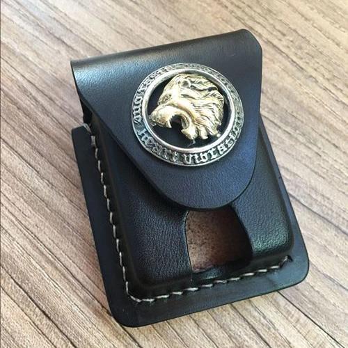 Handmade Black Leather Mens Armor Zippo Lighter - Back View