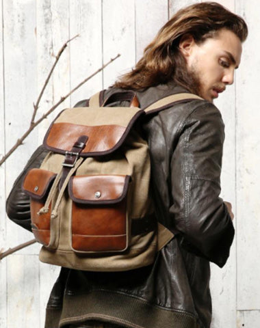 Fashion Canvas Leather Mens Khaki Backpack School Backpack Black Canvas Travel Backpack For Men