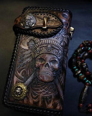 Badass Black Leather Men's Indian Chief Skull Biker Wallet Handmade Tooled Zipper Long Wallets For Men