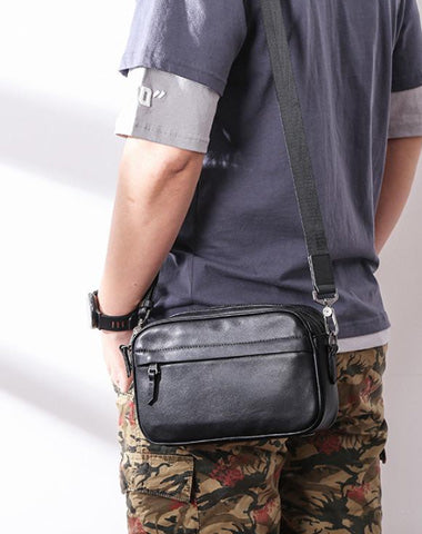 MIni Black Leather MENS Side Bag Black Small Leather Messenger Bag Courier Bag For Men