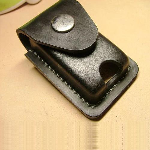 Handmade Black Leather Mens Slim Zippo Lighter - Back View