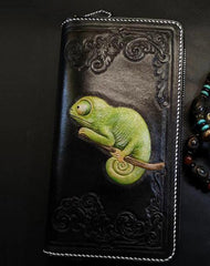 Badass Black Leather Men's Chameleon Biker Wallet Handmade Tooled Zipper Long Wallets For Men