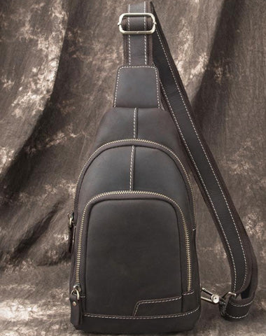 Cool Black Mens Leather Sling Bag Sling Backpack Chest Bag Sling Shoulder Bag For Men