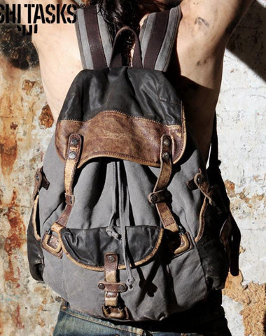 Vintage Canvas Leather Mens Large Washed Gray Backpack School Backpack Canvas Travel Backpack For Men