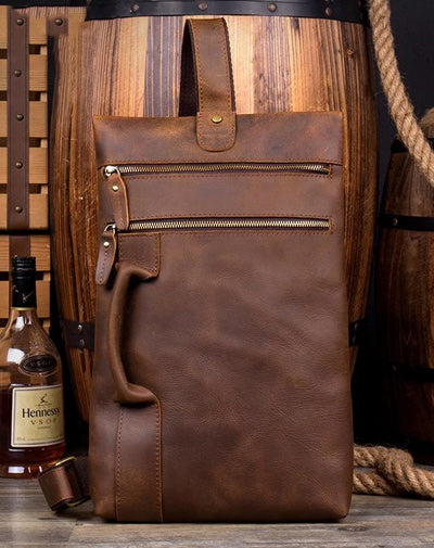 Casual Brown Leather Mens Large Sling Pack Sling Bag Chest Bag One Shoulder Backpacks for Men