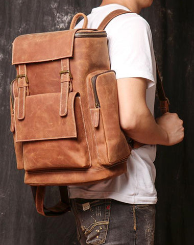 Brown Mens Leather 15 inches Large School Laptop Backpack Brown Travel Backpacks for Men