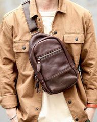Vintage Dark Brown Leather Mens Chest Bag Red Brown Sling Bag Sling Pack For Men