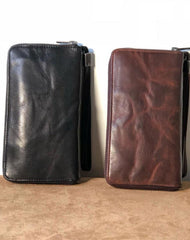 Genuine Leather Mens Cool Long Leather Wallet Zipper Clutch Wristlet Wallet for Men
