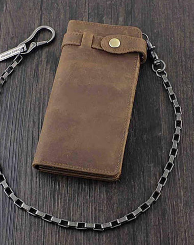 Vintage Brown Leather Men's Long Biker Chain Wallet Brown Badass Bifold Long Wallet with Chain For Men