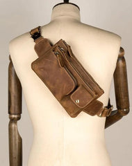 Vintage Brown Leather Mens Fanny Pack Waist Bag Coffee Hip Pack Belt Bag Bumbag for Men