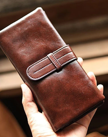 Vintage Red Brown Leather Mens Long Wallet Bifold Zipper Long Wallet For Men