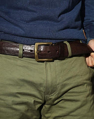 Cool Distressed Coffee Leather Vintage Leather Belt - Front View