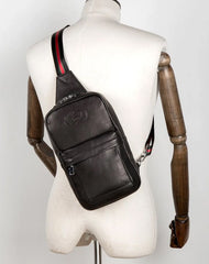 Cool Black Leather Mens Sling Bags Crossbody Pack Black Chest Bags One Shoulder Backpack for men