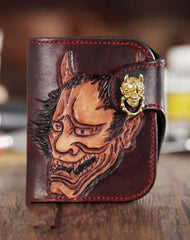 Brown Handmade Tooled Hannya Leather Mens Small Bifold Biker Wallet billfold Wallet For Men