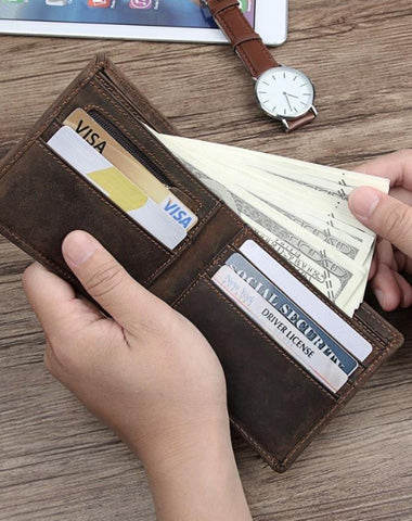 Best Brown Bifold Leather Mens Wallet Slim Wallet Billfold Wallet Driver's License Wallet for Men