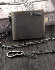 Cool Dark Coffee Leather Men's Small Biker Wallets Chain Wallet Bifold Wallets with chain For Men