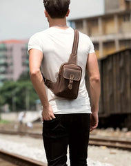 Cool Brown Leather One Shoulder Backpack Sling Bags Crossbody Pack for Men