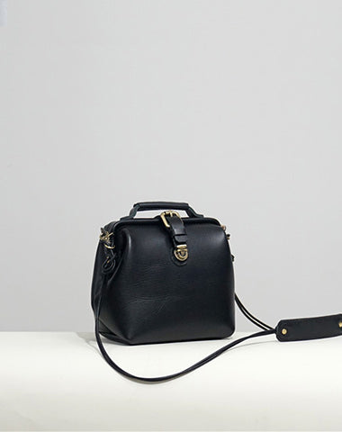 Handmade Womens Black Leather Doctor Handbag Small Side Purse Doctor Purse for Women