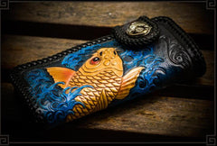 Handmade Leather Tooled Carp Mens Biker Chain Wallet Cool Leather Wallet Long Phone Wallets for Men