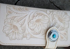 Handmade Mens Tooled Floral Leather Long Chain Wallet Cool Biker Wallet with Chain