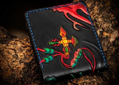 Handmade Leather Chinese Lion Tooled Mens Small Wallet Cool Slim billfold Wallet for Men