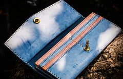 Handmade Leather Tooled Blue Women Envelope Vintage Leather Wallet Long Phone Clutch Wallets for Women